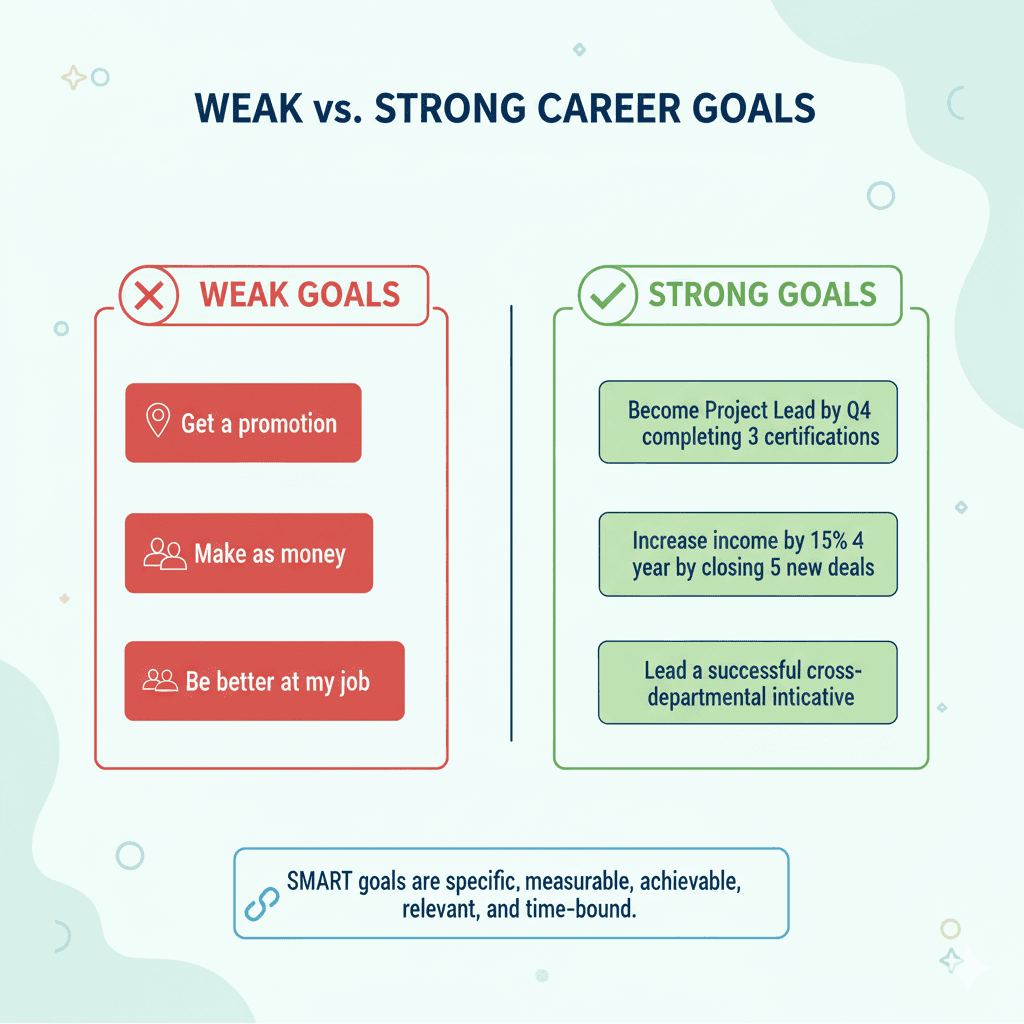 Visual comparison showing examples of weak vs strong career goals