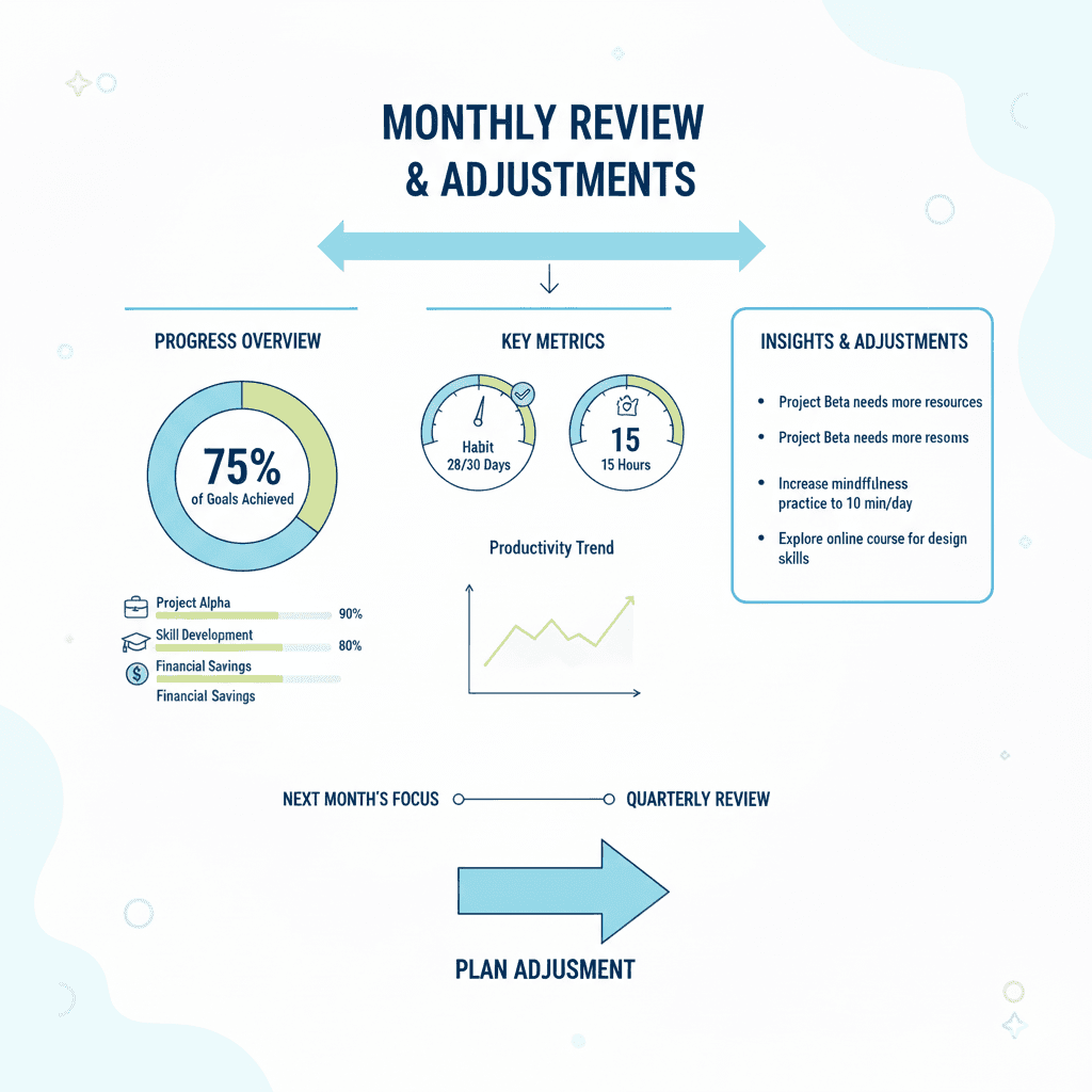 Monthly review dashboard showing progress and adjustments