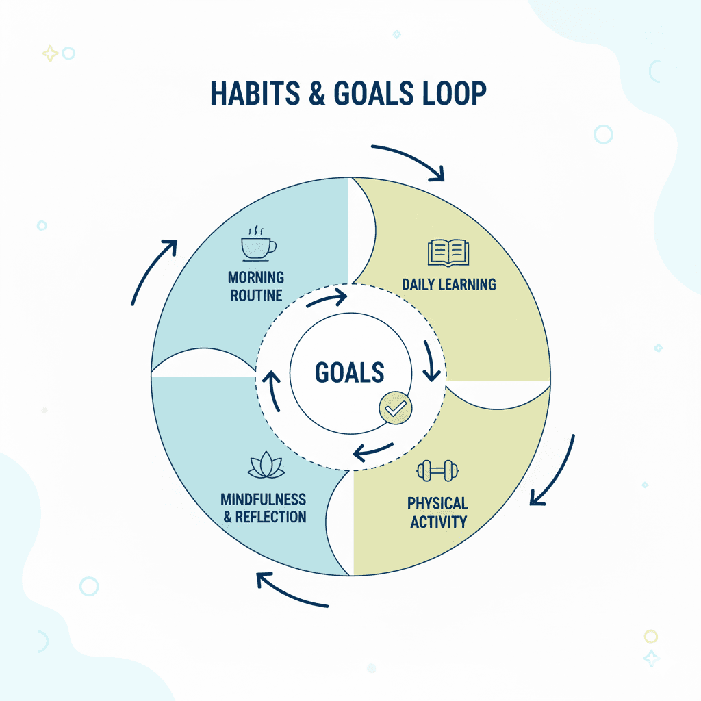 Circular diagram showing habits feeding into goals