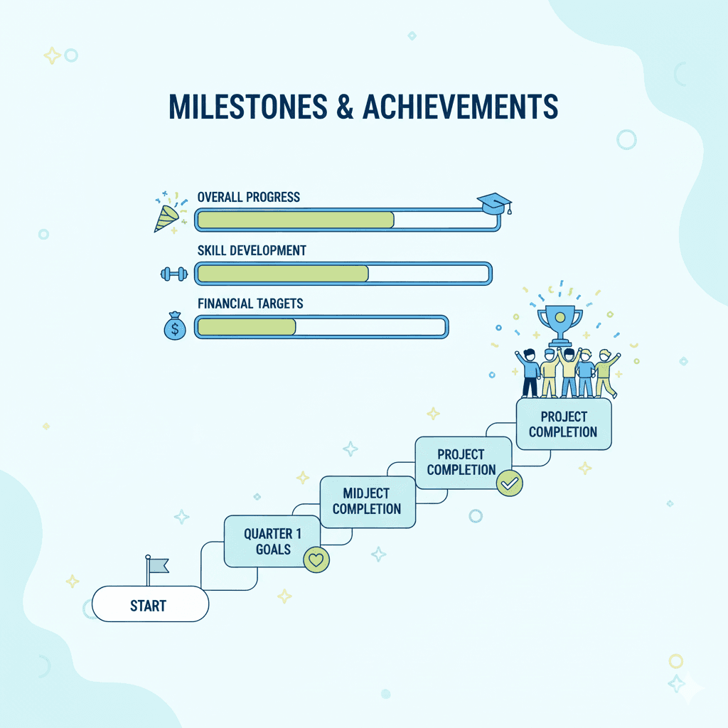 Celebration scene with milestone markers and progress bars