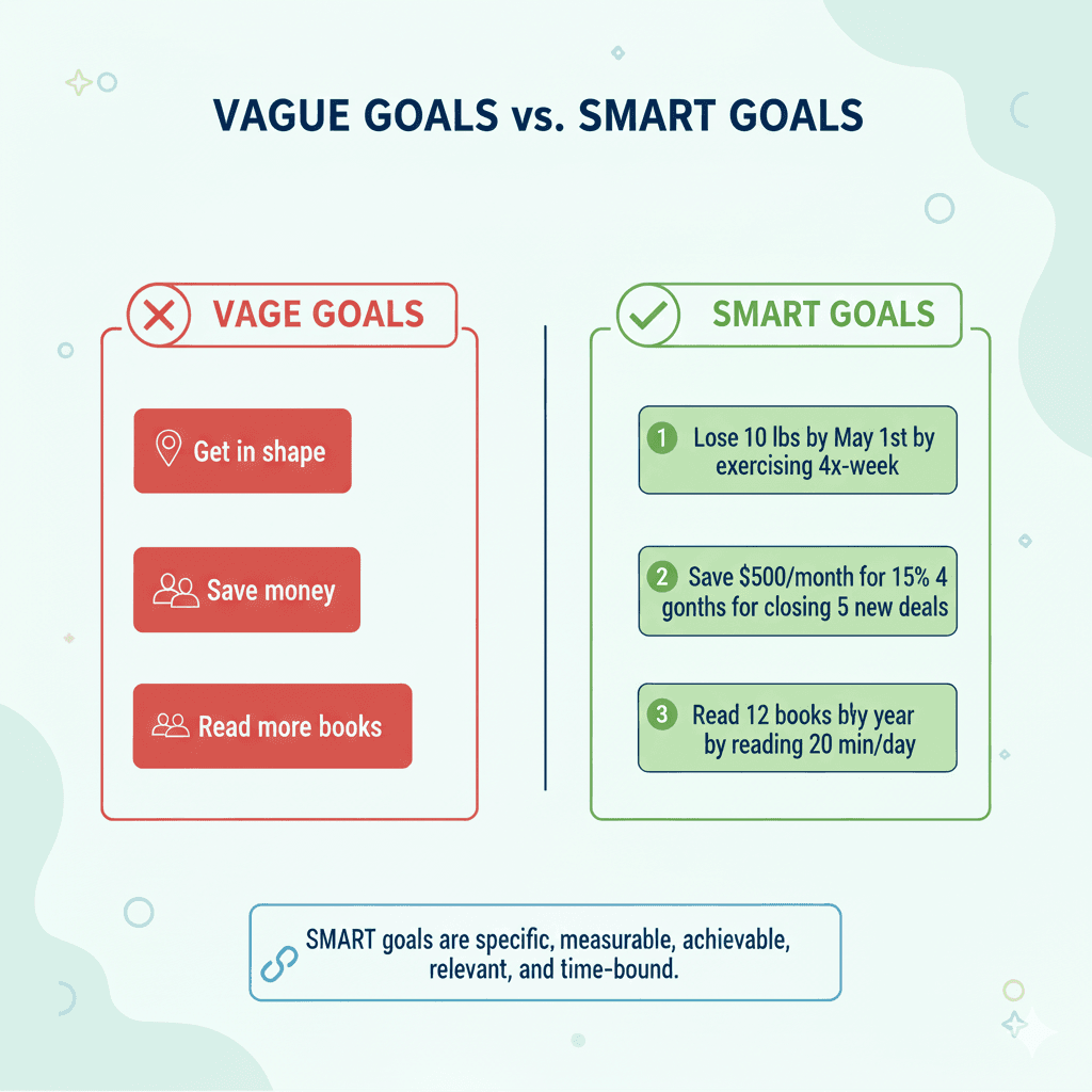 Split comparison showing vague goals vs SMART goals